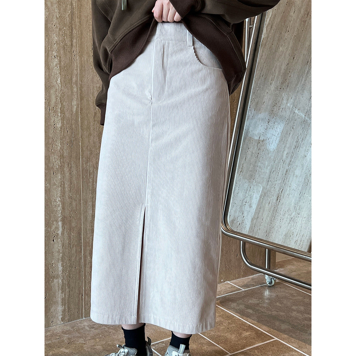 Retro High Waist Corduroy Skirt Autumn Winter Korean Front Slit Hip Skirt