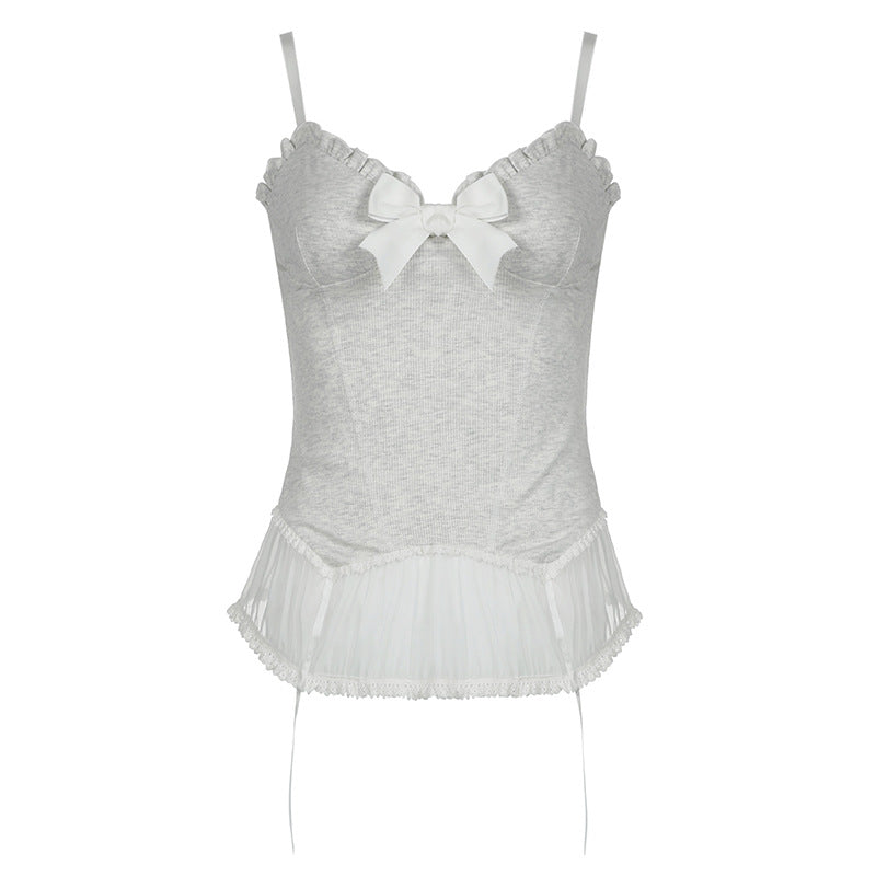 Sexy Low Cut V neck Pleated Lace Bow Suspenders Girl Slim Fit Waist-Tight Pure Mesh Vest