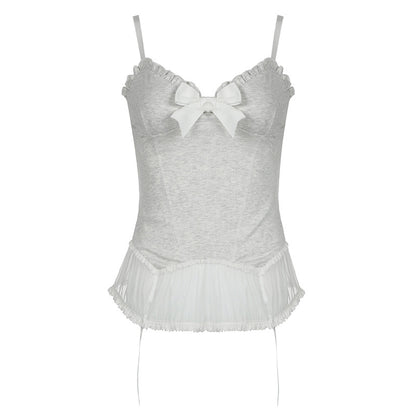 Sexy Low Cut V neck Pleated Lace Bow Suspenders Girl Slim Fit Waist-Tight Pure Mesh Vest