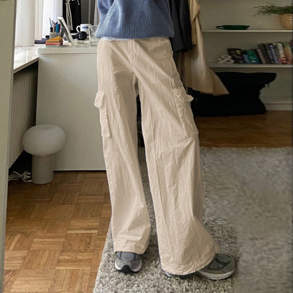 Retro Casual Working Pants Women Summer Multi Pocket Elastic Waist Design Straight Leg Pants Loose Wide Leg Linen Cotton Trousers