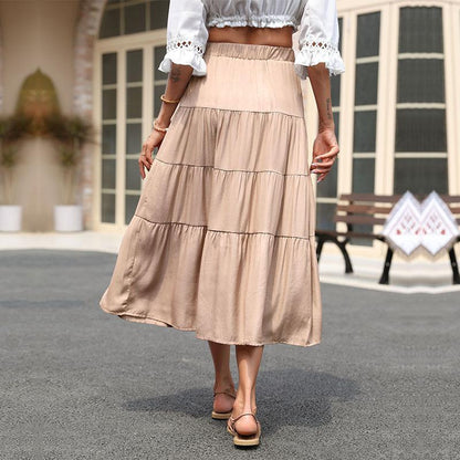 Cross-Border Summer Skirt Ruffled Pleated Solid Skirt