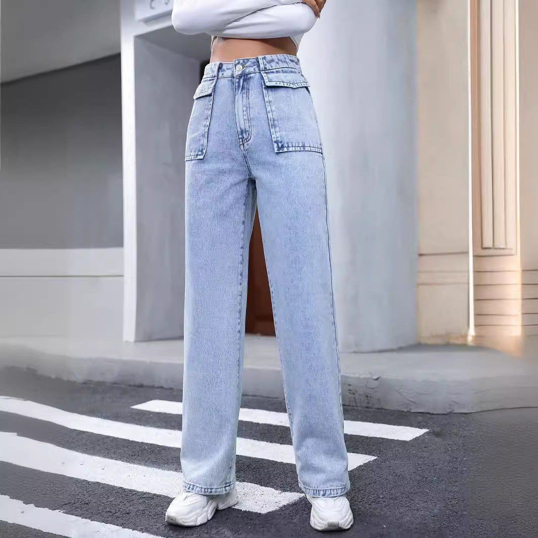 Pantalon en jean taille haute à poches droites pour femmes