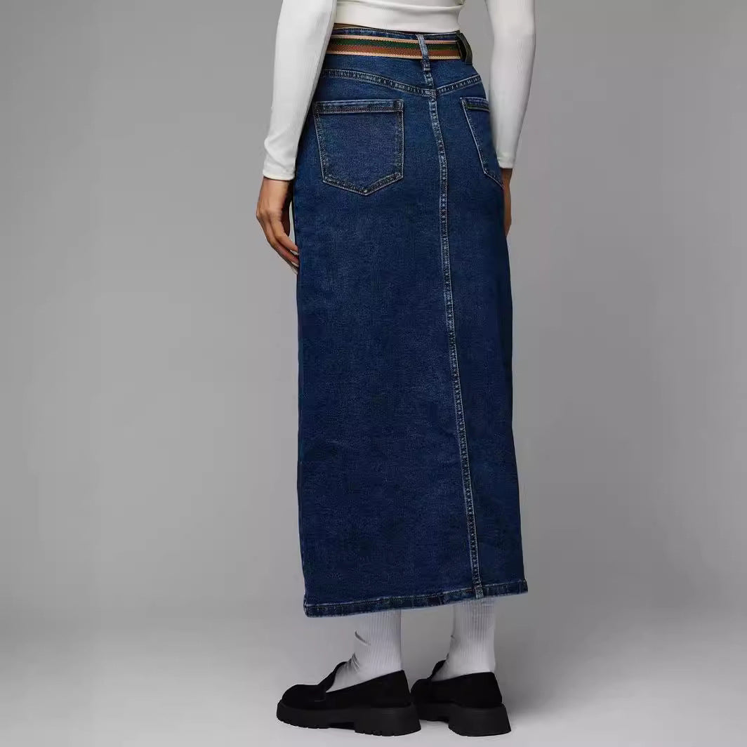 Split Denim Skirt High Waist Wash A ine Skirt Mid Length Skirt for Women