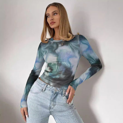 Autumn Winter Elegant Lady Print round Collar Gauze Slim Long Sleeve Top Women's Clothing