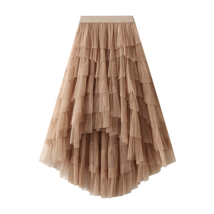 Unregelmäßiges asymmetrisches Stufenkleid Hohe Taille Mesh Rock Pettiskirt Damen Gaze Rock Feenkleid