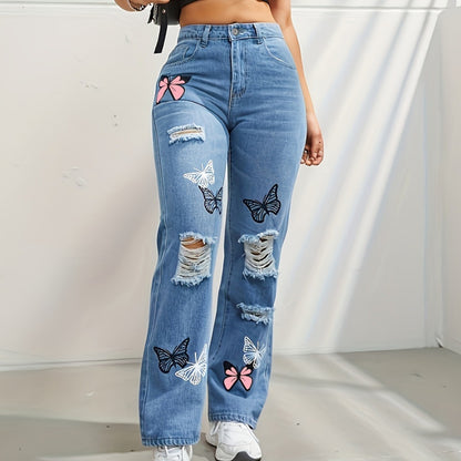 Zerrissener Denim mit Cut-outs und Schmetterlings-Print, gerader Schnitt, hohe Taille, kontrastierende Jeanshose in Farbe für Damen