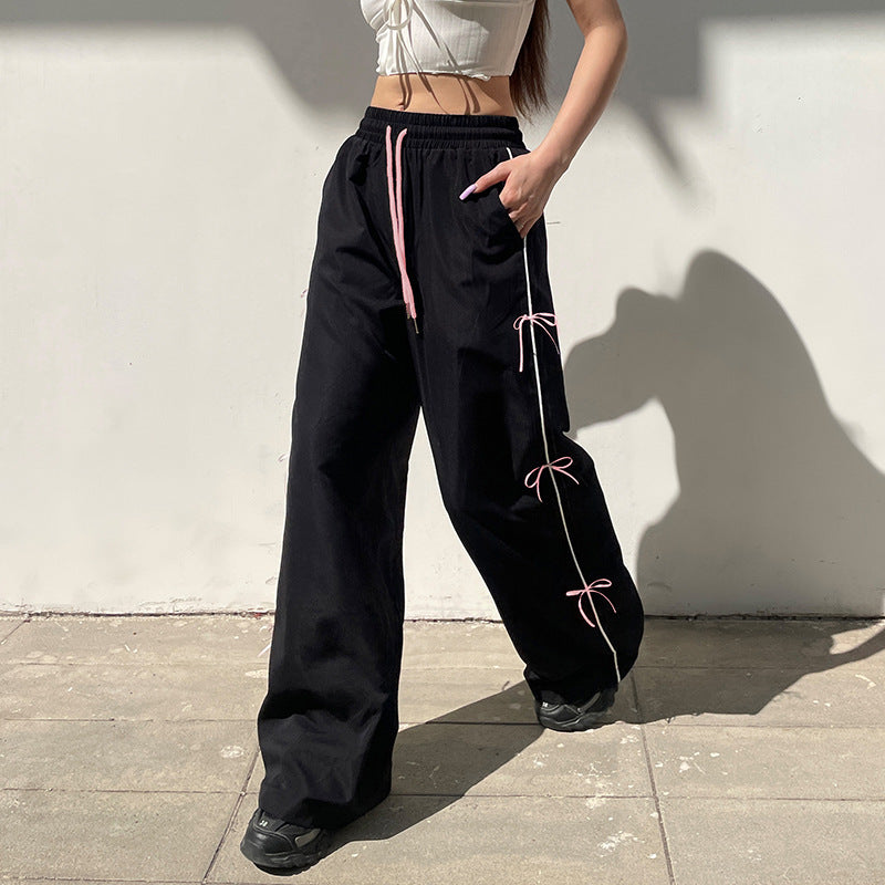 Street Sweet Spicy Wear Loose Woven Pants Personality Bow Stitching Wide Leg Slimming Show Casual Trousers for Women