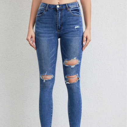 Pantalon en jean déchiré élastique pour femme, jean skinny délavé à la taille