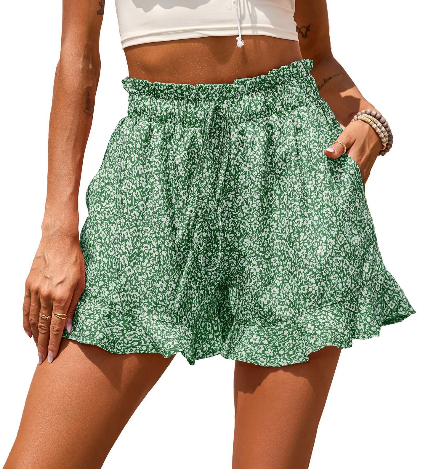 Sommer Damen Kleidung Chiffon bedruckt Casual Pocket geklemmt Taille Shorts