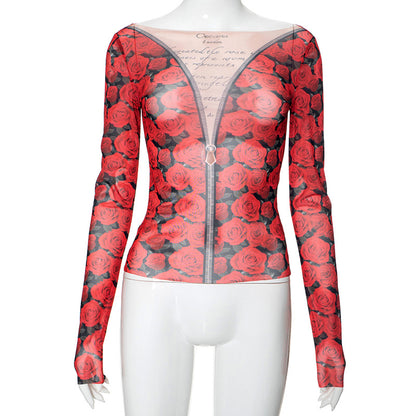 Summer Rose Zipper Printed Mesh Top for Women