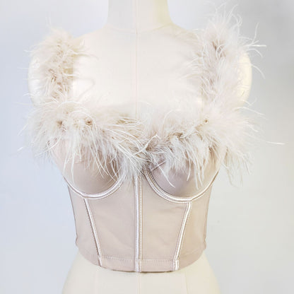 Corset tubulaire en fourrure d'autruche de haute qualité avec armatures et cordon de serrage, coupe slim, dos nu, avec plumes, diffusion en direct