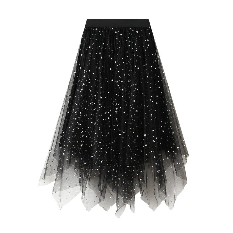 Puffy Starry Sky Mesh Skirt Autumn Korean Irregular Asymmetric Velvet Dress Mid Length Women