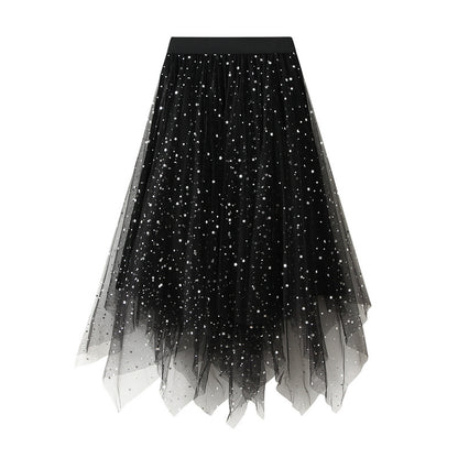 Puffy Starry Sky Mesh Skirt Autumn Korean Irregular Asymmetric Velvet Dress Mid Length Women