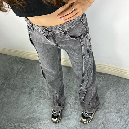 Retro Sexy Straight Loose Jeans Women Autumn Special Design Stitching Wide Leg Trousers