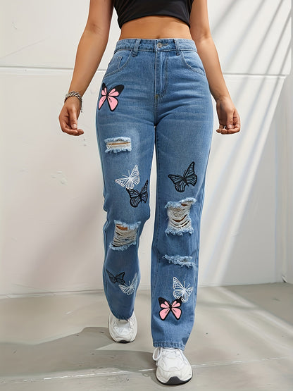 Zerrissener Denim mit Cut-outs und Schmetterlings-Print, gerader Schnitt, hohe Taille, kontrastierende Jeanshose in Farbe für Damen