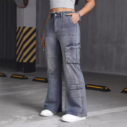 Retro High Street Multi Pocket Workwear Jeans Women Spring Summer Frayed Design Wide Trousers