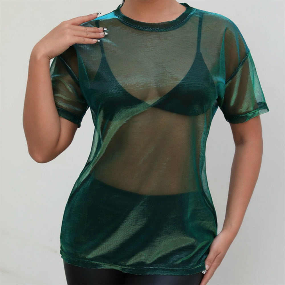 Sexy Casual Pullover See Through Laser Mesh Short Sleeve T Shirt Women