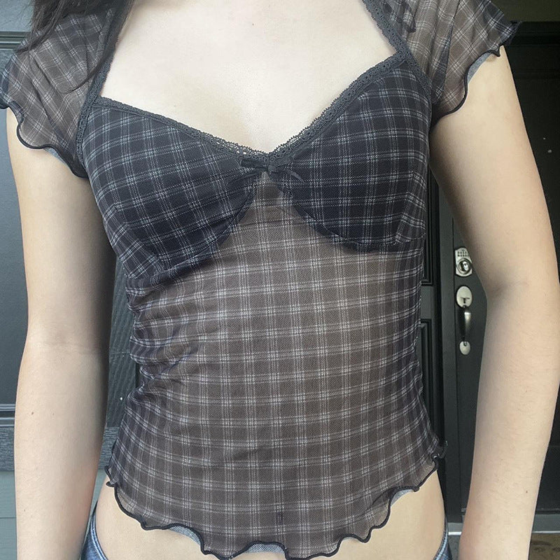 Sexy See through Plaid V neck Push up Lace T shirt Sexy Slimming Waistcoat Design Top