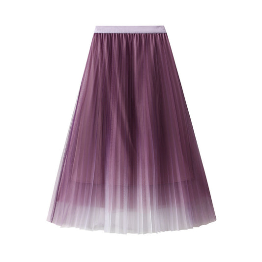 Gradient Color Mesh Skirt Women Spring Summer Mid Length Pleated Skirt High Waist A Line Gauze Skirt