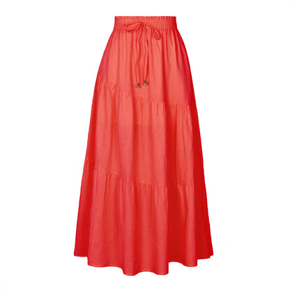 Jupe longue taille haute Stock Couleur unie Coton Lin Taille élastique Grande robe drapée à volants Femmes