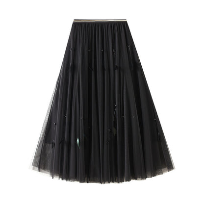 Super Fairy Rock A-Linie Rock Mittellanger Expansionsrock Damen Herbst Hohe Taille Feder Pettiskirt