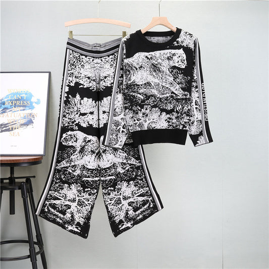 Knitted Jacquard Suit Women Spring Autumn Leopard Print Knitted Wide Leg Trousers Two Piece Suit