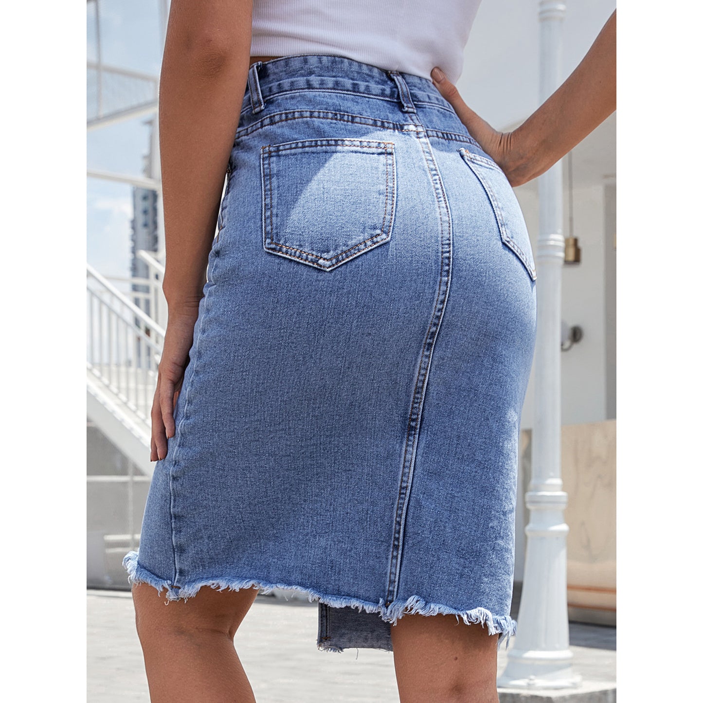 Jupe en jean mi-longue fendue à taille haute pour femme