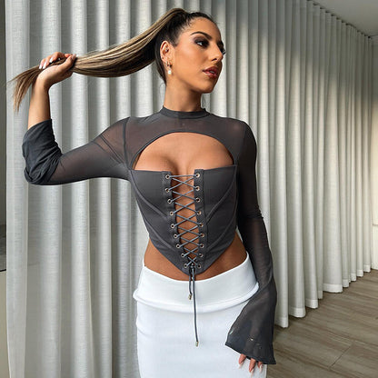 Corset Women Clothing Autumn Solid Color Casual Backless round Neck Long Sleeve Tied Mesh Slim Fit Top