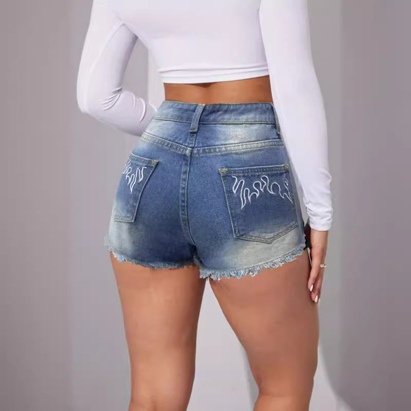 All Match Jeans-Shorts mit Stickereien und mittlerer Taille, ohne Gummizug für Damen