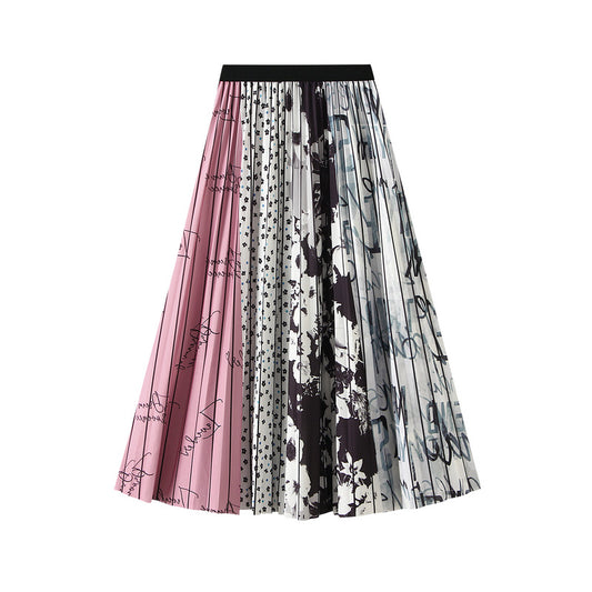 Graffiti Splicing Pink High Grade Mid Length Small Retro National Skirt Pleated Skirt