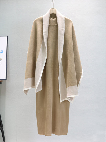 Fashionable Knitting Suit Early Autumn Color Matching Scarf Solid Color Dress Women