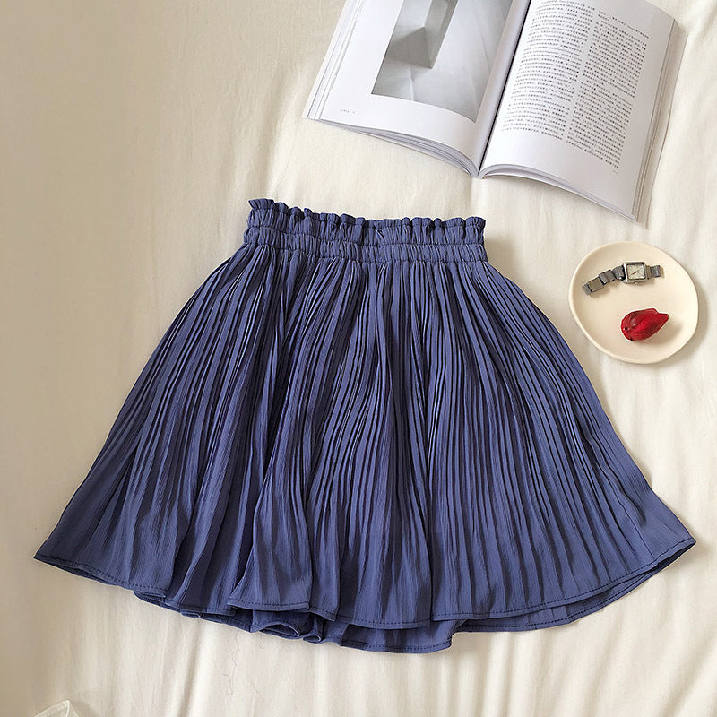 Fresh Solid Color Chiffon Skirt Spring Summer New Korean High Waist Slimming Pleated Anti Exposure Skirt