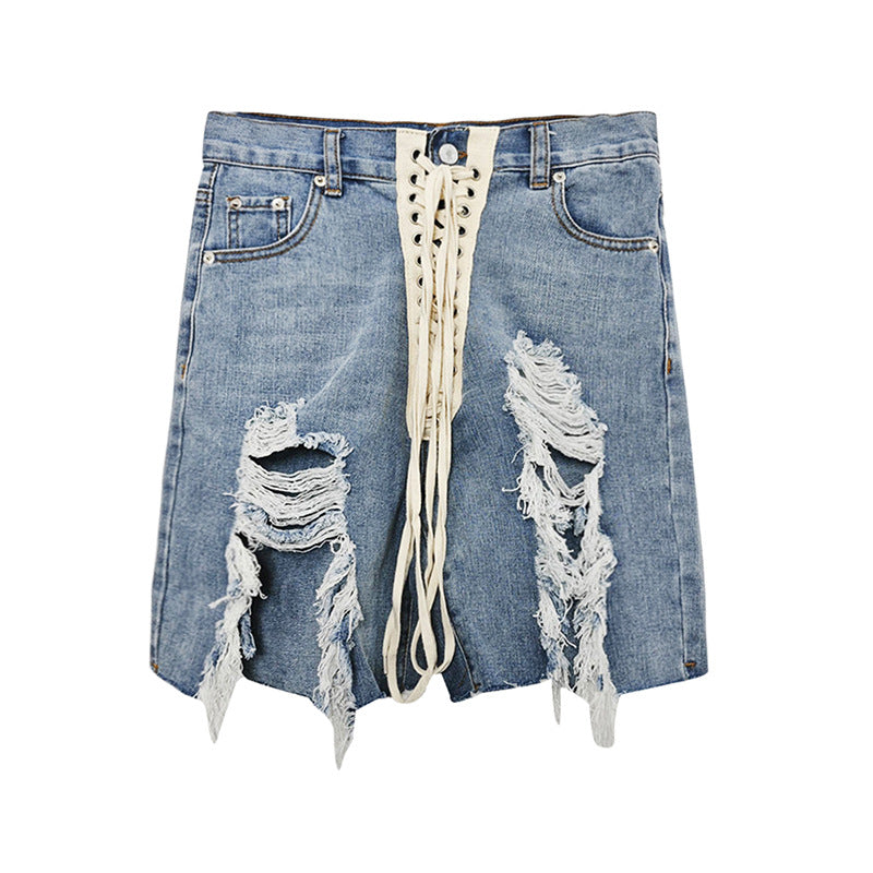 Komfort Lässige Shorts mit hoher Taille Damen Sommer Sexy Cross Strap Ripped Denim Shorts