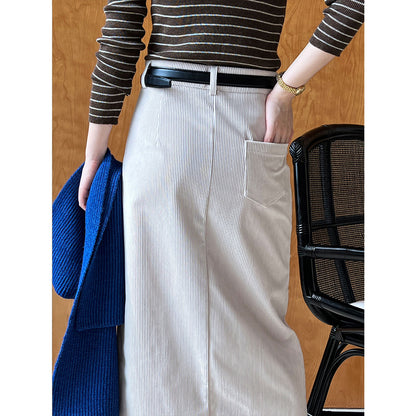 Retro High Waist Corduroy Skirt Autumn Winter Korean Front Slit Hip Skirt