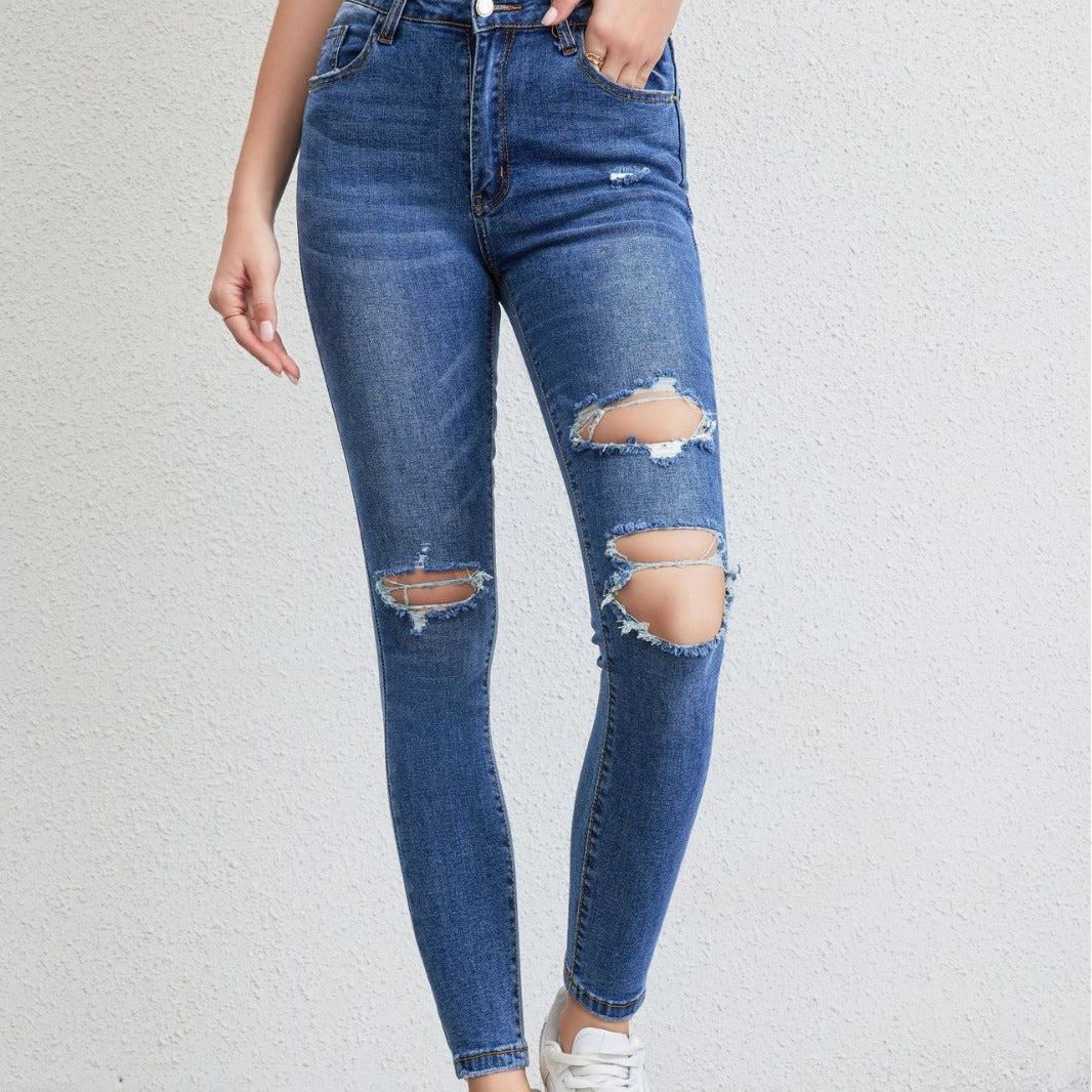 Pantalon en jean déchiré élastique pour femme, jean skinny délavé à la taille