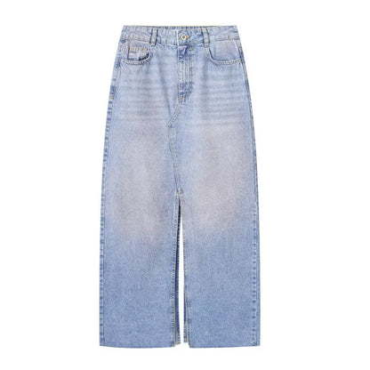 Fall Women Clothing Powder Washing Split Denim Skirt