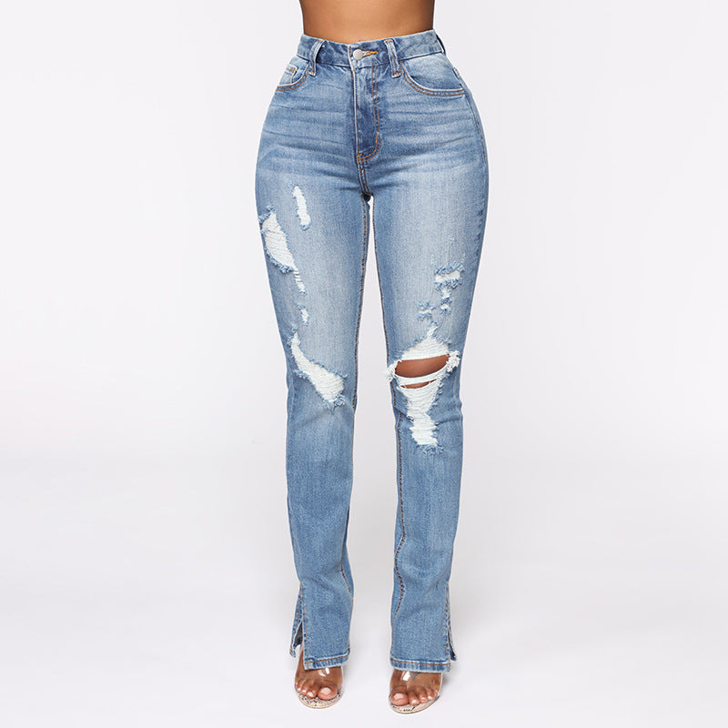 Split Jeans Women Arrival Blue Washed Ripped High Waist Stretch Jeans