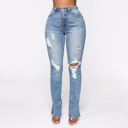 Split Jeans Women Arrival Blue Washed Ripped High Waist Stretch Jeans