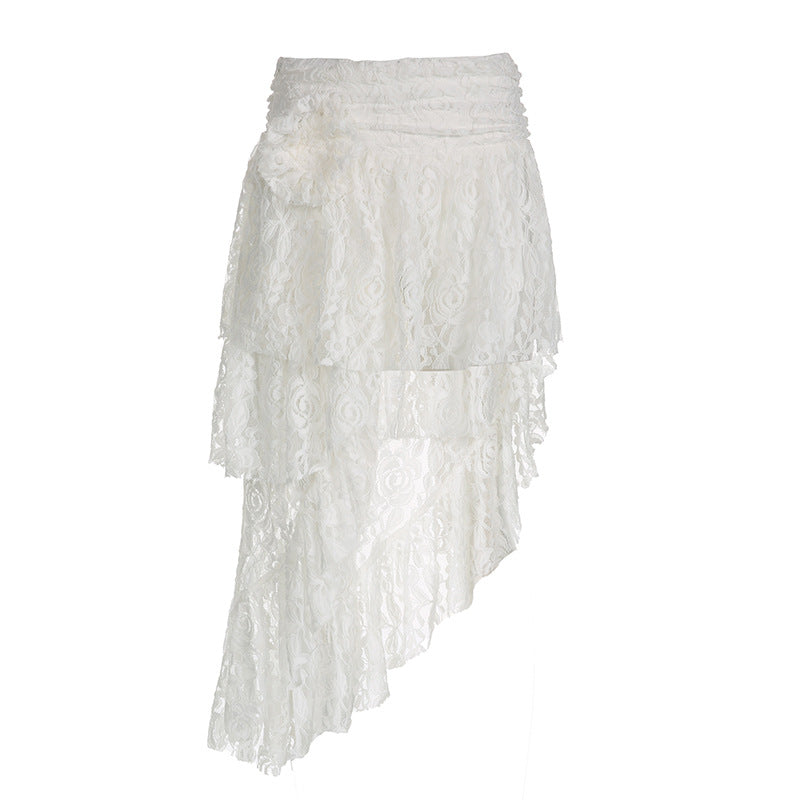 Niche Irregular Asymmetric Layered Rose Skirt Sexy All- Match Lace Crocheted Skirt