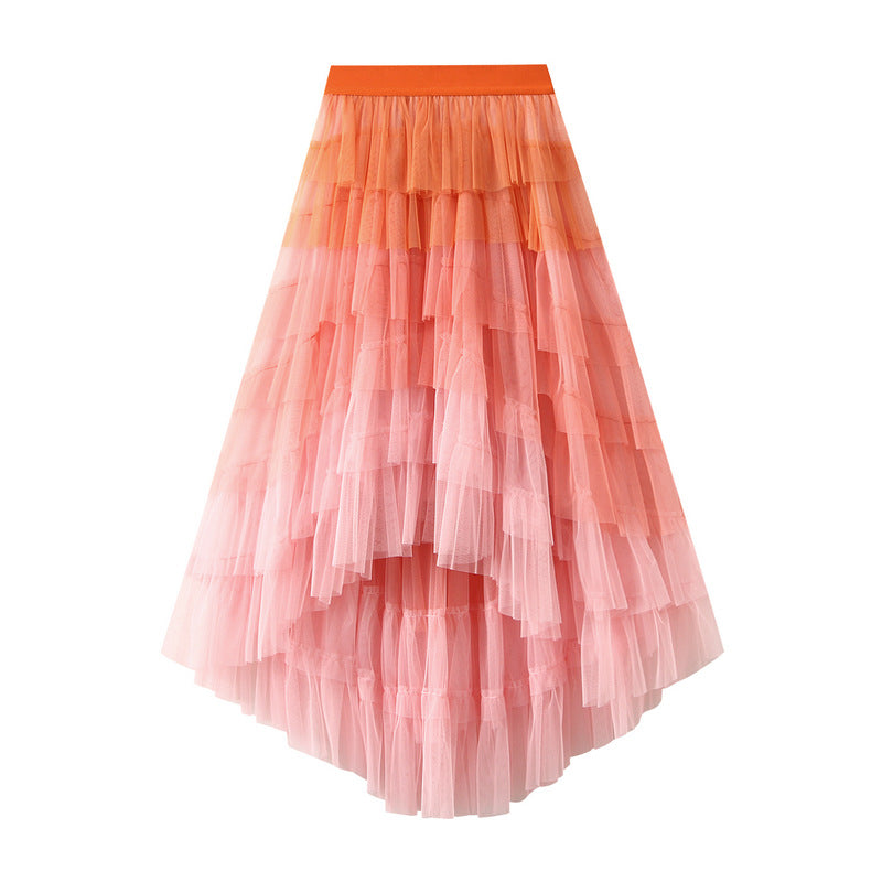 Unregelmäßiges asymmetrisches Stufenkleid Hohe Taille Mesh Rock Pettiskirt Damen Gaze Rock Feenkleid