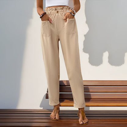 Pantalon fuselé décontracté taille haute pour femme, couleur unie, été