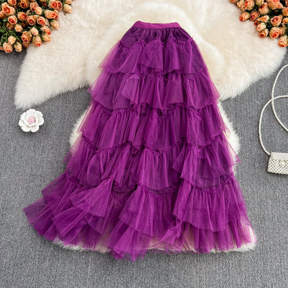 Early Spring Mesh Puffy tiered Mid-Length Elastic Waist Skirt Irregular Asymmetric Gauze Skirt Fairy Skirt