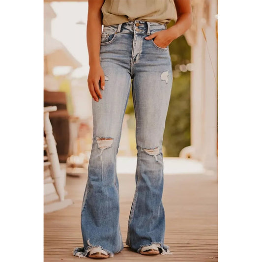 Vêtements pour femmes Jeans évasés déchirés de couleur bleue Pantalons en denim vintage délavés pour femmes