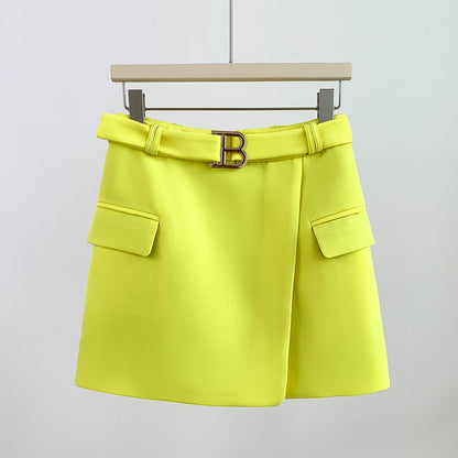 Spring Summer Belt Metal Buckle Shorts Skirt Yellow Purple Red Skirt