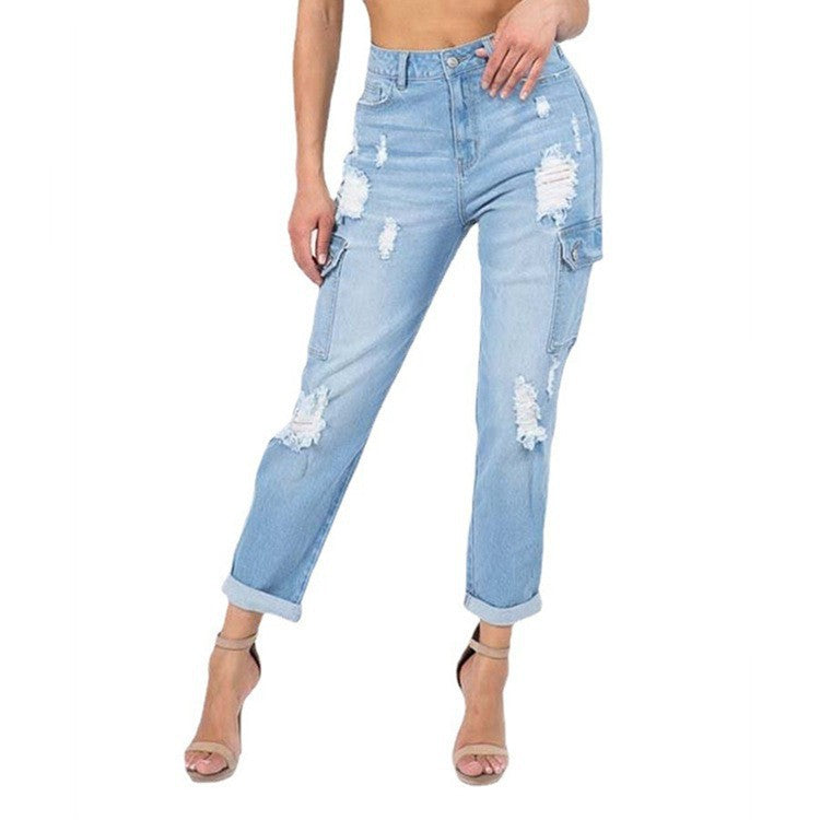 Multi Bag Jeans Women Casual Washed Ripped Straight Pants High Waist Jeans