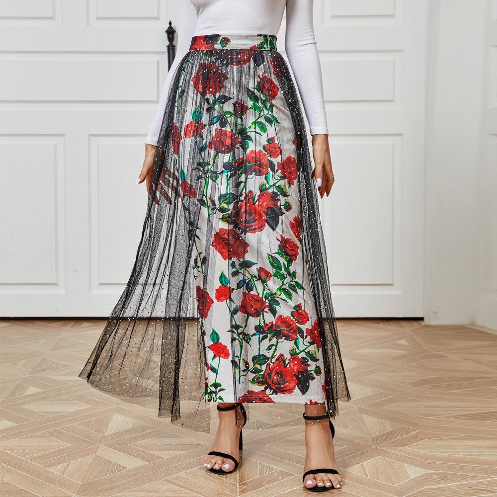 Autumn Women Clothing Elegant Casual Mesh Floral Print Skirt