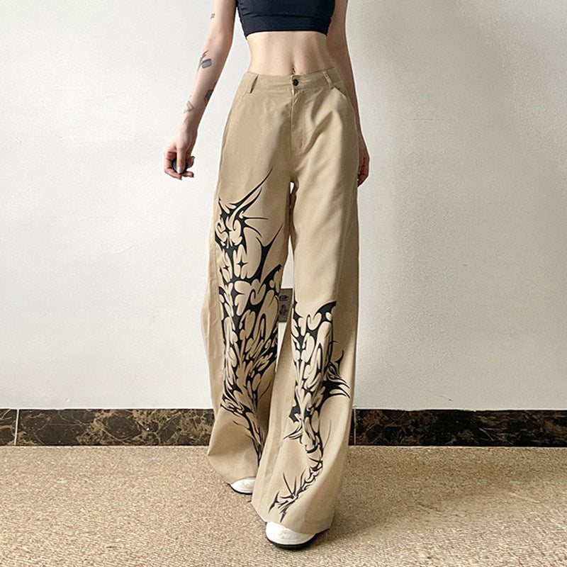 Minimalist Vintage Printed High Waist Slimming Woven Casual Pants Women Loose Street Drape Wide Leg Pants