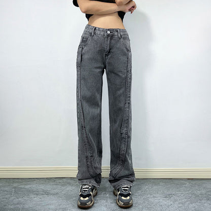 Retro Sexy Straight Loose Jeans Women Autumn Special Design Stitching Wide Leg Trousers