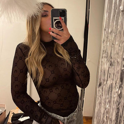 Early Autumn Women Wear Sexy Mesh See through Thin Half-High Collar Long Sleeves Bottoming Shirt Top