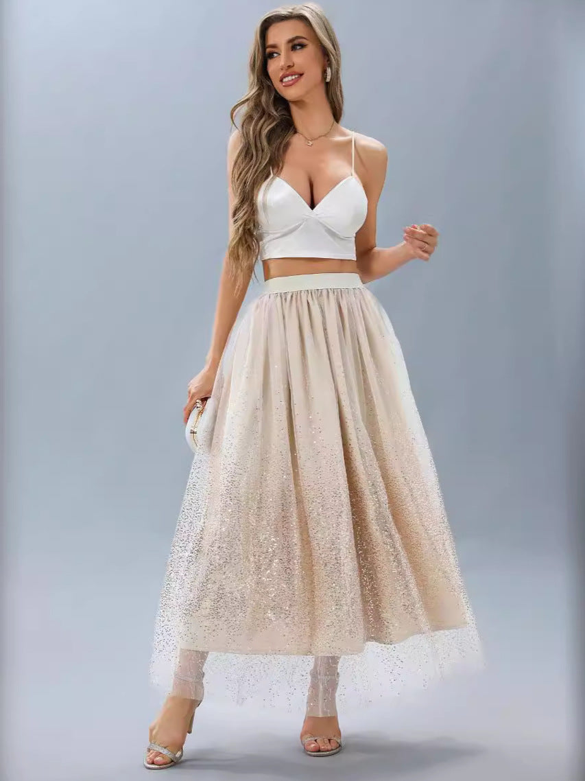 Flash Velvet Arrival Spring Summer Women Clothing Skirt Long High Waist Pleated Gradient Mesh Sequin